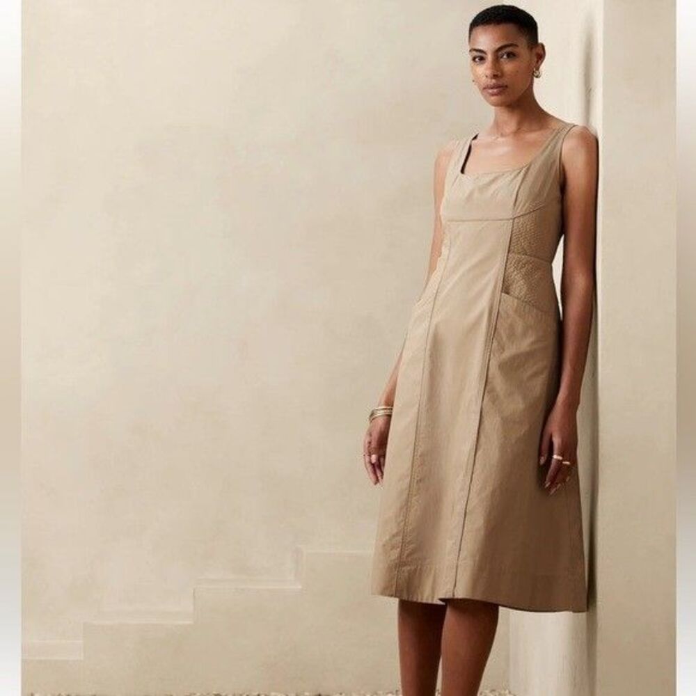 Banana Republic Khaki Seamed Poplin Sleeveless Midi Dress Sz 18